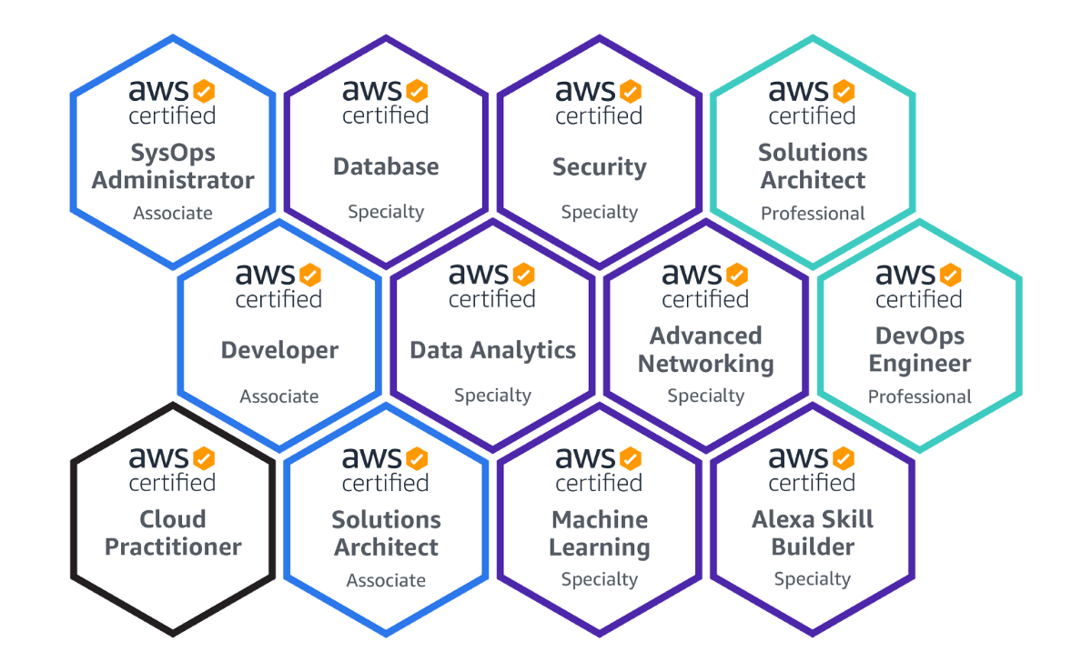 AWS Certified Machine Learning - Specialty, AWS Certified Advanced Networking - Specialty, AWS Certified Data Analytics - Specialty, AWS Certified Database - Specialty, AWS Certified Security - Specialty, AWS Certified DevOps Engineer - Professional, AWS Certified Solutions Architect - Professional, AWS Certified SysOps Administrator - Associate, AWS Certified Developer - Associate, AWS Certified Solutions Architect - Associate and AWS Certified Cloud Practitioner